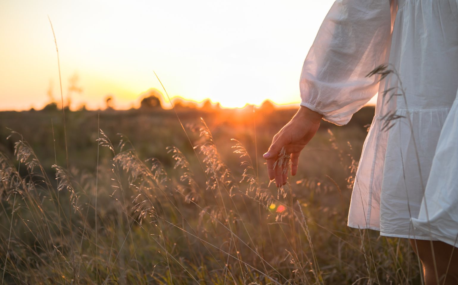 Spaziergang am Abend: Mensch vor der Abendsonne im Feld